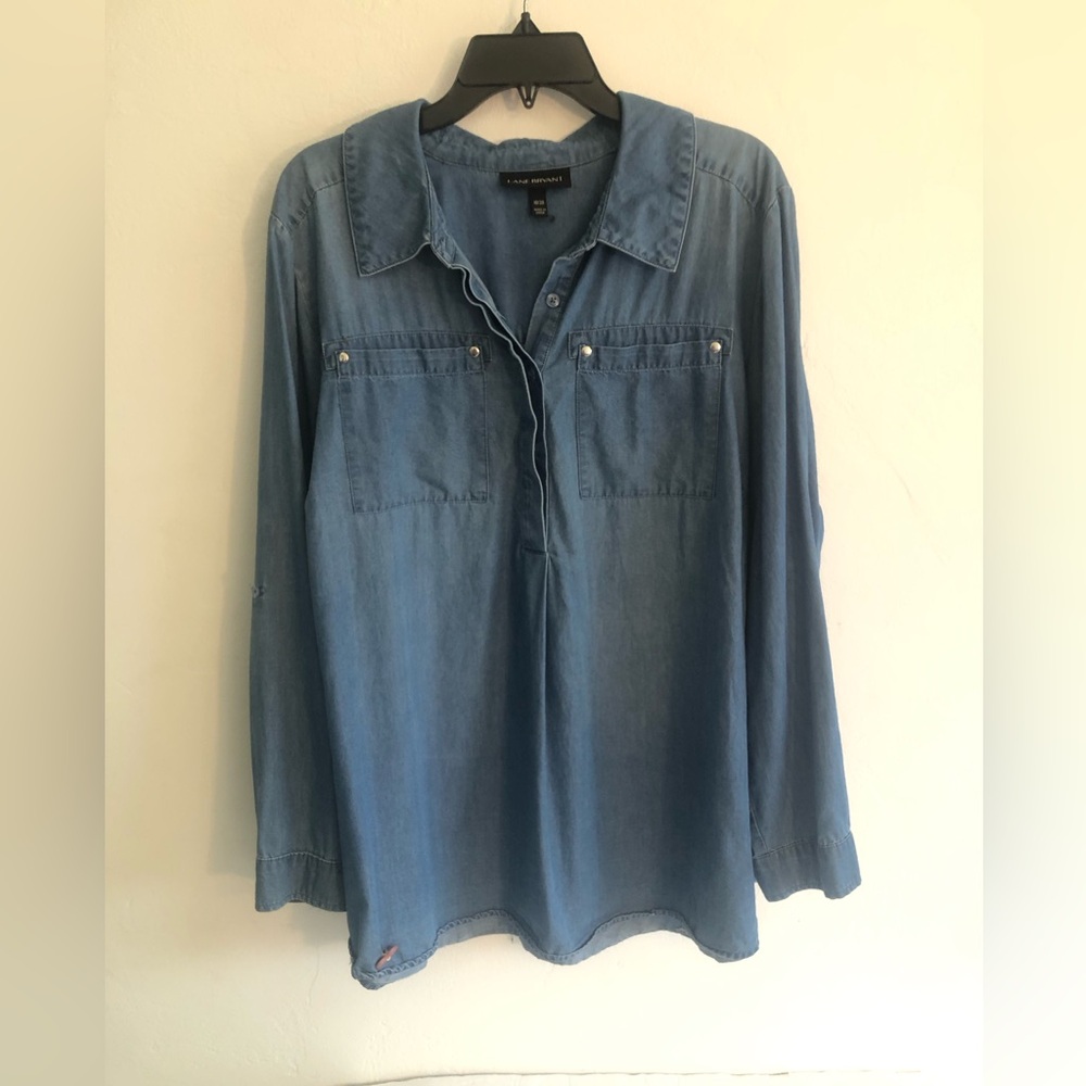 Lane Bryant Denim Blouse Women's Size 18/20 Long Sleeve Bohemian Quiet Luxury